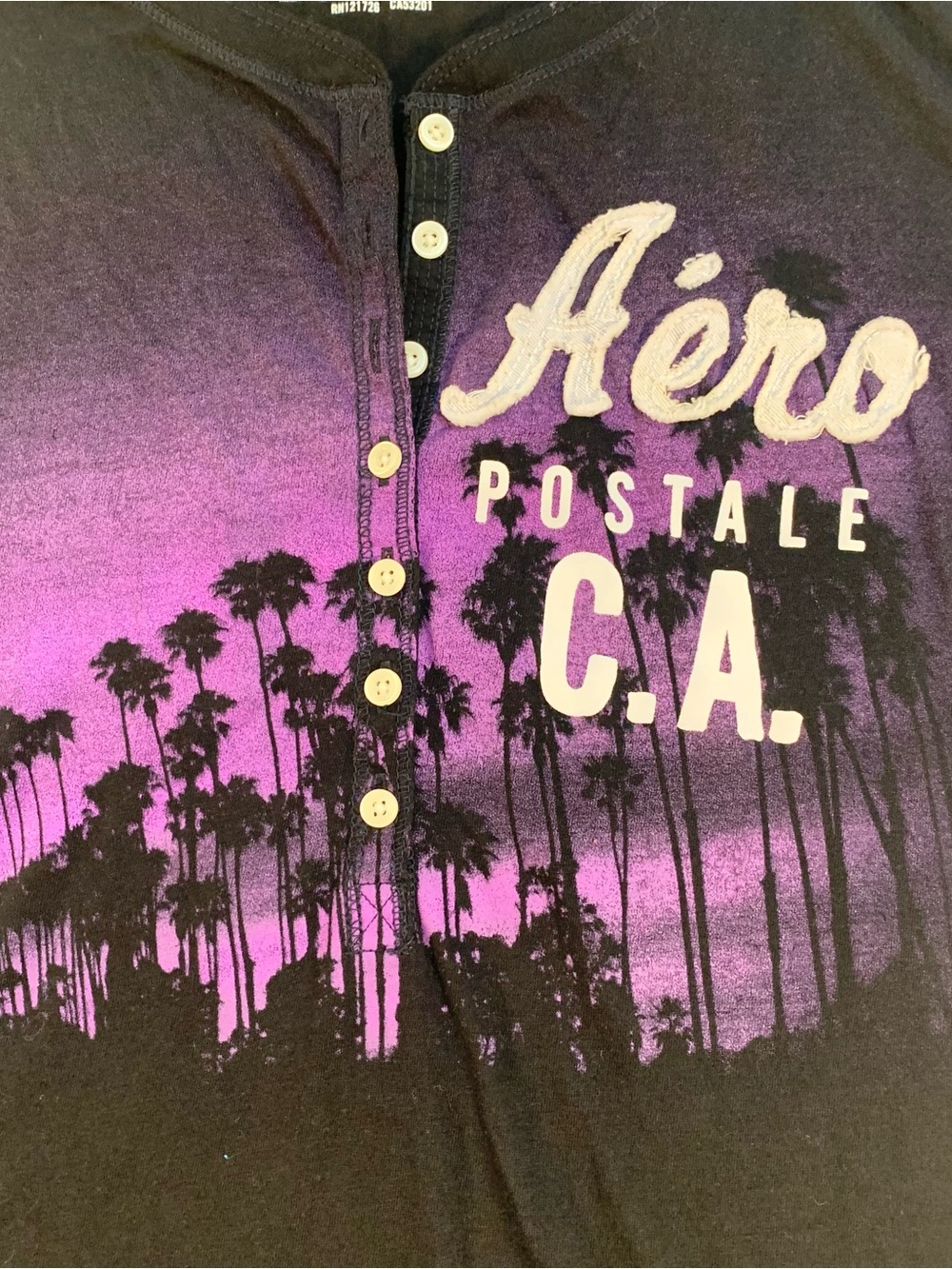Aeropostale Black Henley with Purple Graphic and White Logo Print Women’s XL - Picture 2 of 6